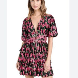 WAYF Thinking Of You Floral Plisse Tiered Tie-Front  Mini Dress